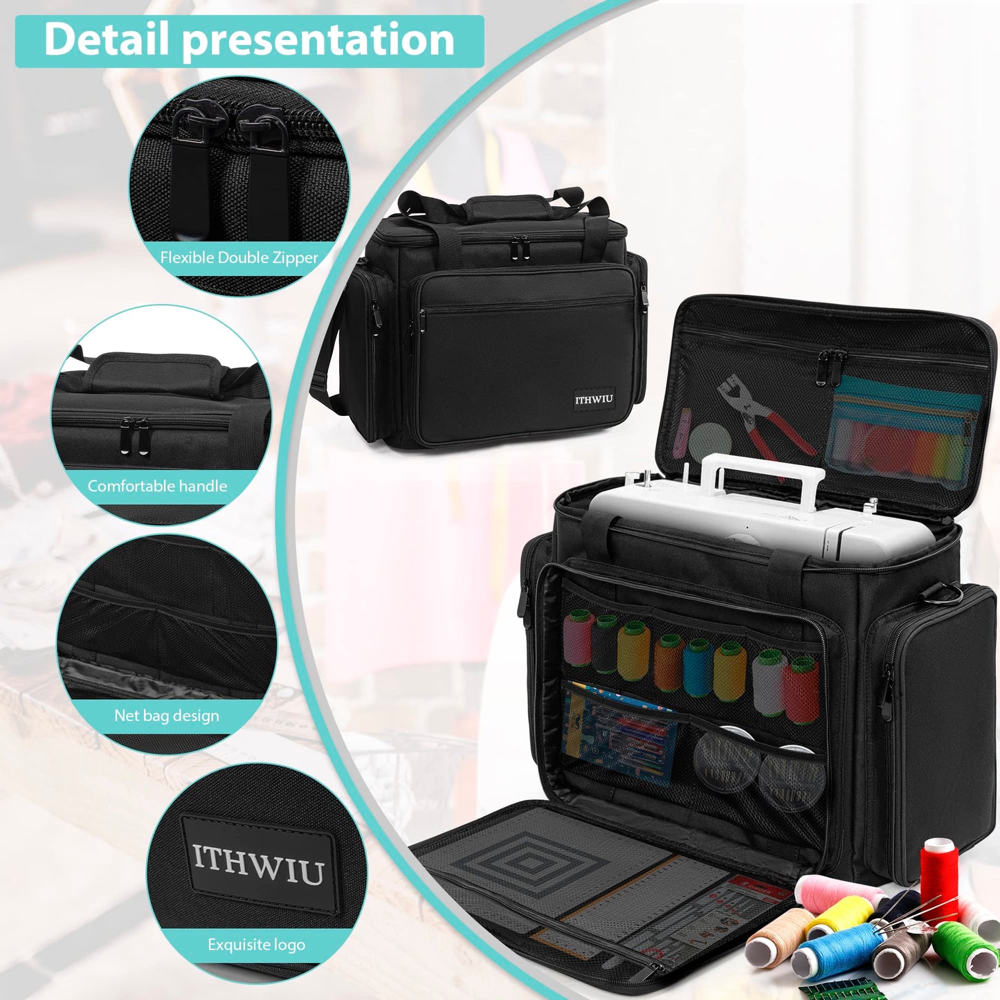 ITHWIU Sewing Machine Carrying Case with Multiple Storage Pockets Large Capacity, Universal Tote Storage Bag Compatible with Most Standard Singer, Brother, Janome
