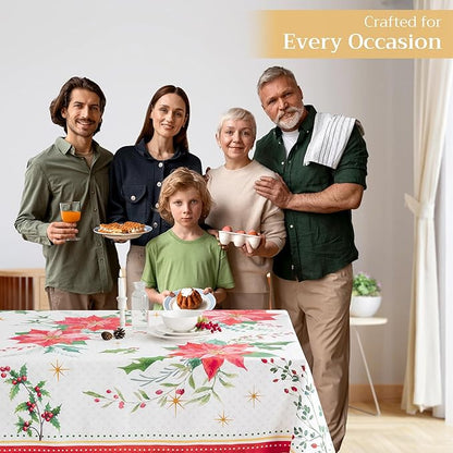 Maison d' Hermine Table Cloth Rectangle Table 100% Cotton 70 x 140 Inches Fall Tablecloth Reusable Everyday Use for Thanksgiving Christmas Decorations Dining Farmhouse Party (Poinsettia Christmas)
