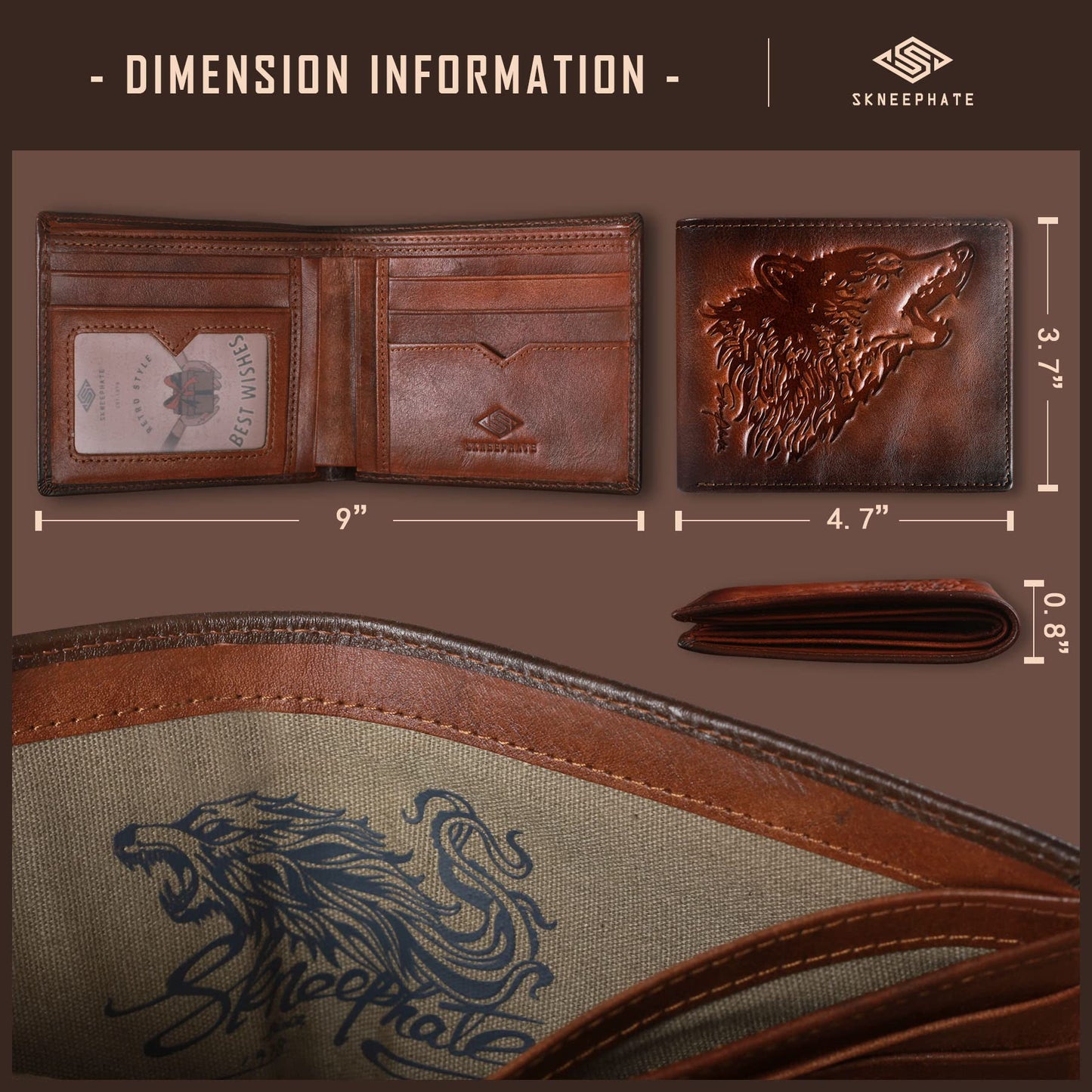 skneephate Mens Wallets Leather Bifold Cool Wallet For Men Wolf,Rfid Blocking,Gift For Him Husband (brown)