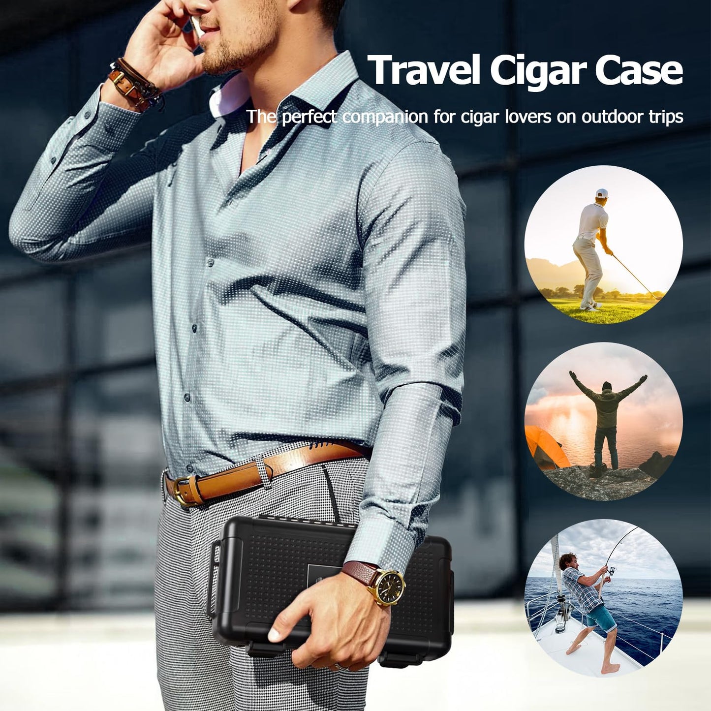 USEWIRE Cigar Humidor, Cigar Travel Humidor, Cigar Case for 4-5 Cigars, with Cigar Holder and Cigar Cutter, Portable Cigar Humidor Travel, Cigar Gifts for Cigar Accessories(Black)