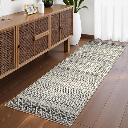 Moroccan Hallway Runner Rug, 2'6''x8' Ktchen Rugs Non Slip Washable, Low-Pile Distressed Bathroom Runner Rug Black Rugs for Bedroom Bathroom Kitchen Entryway Laundry Room