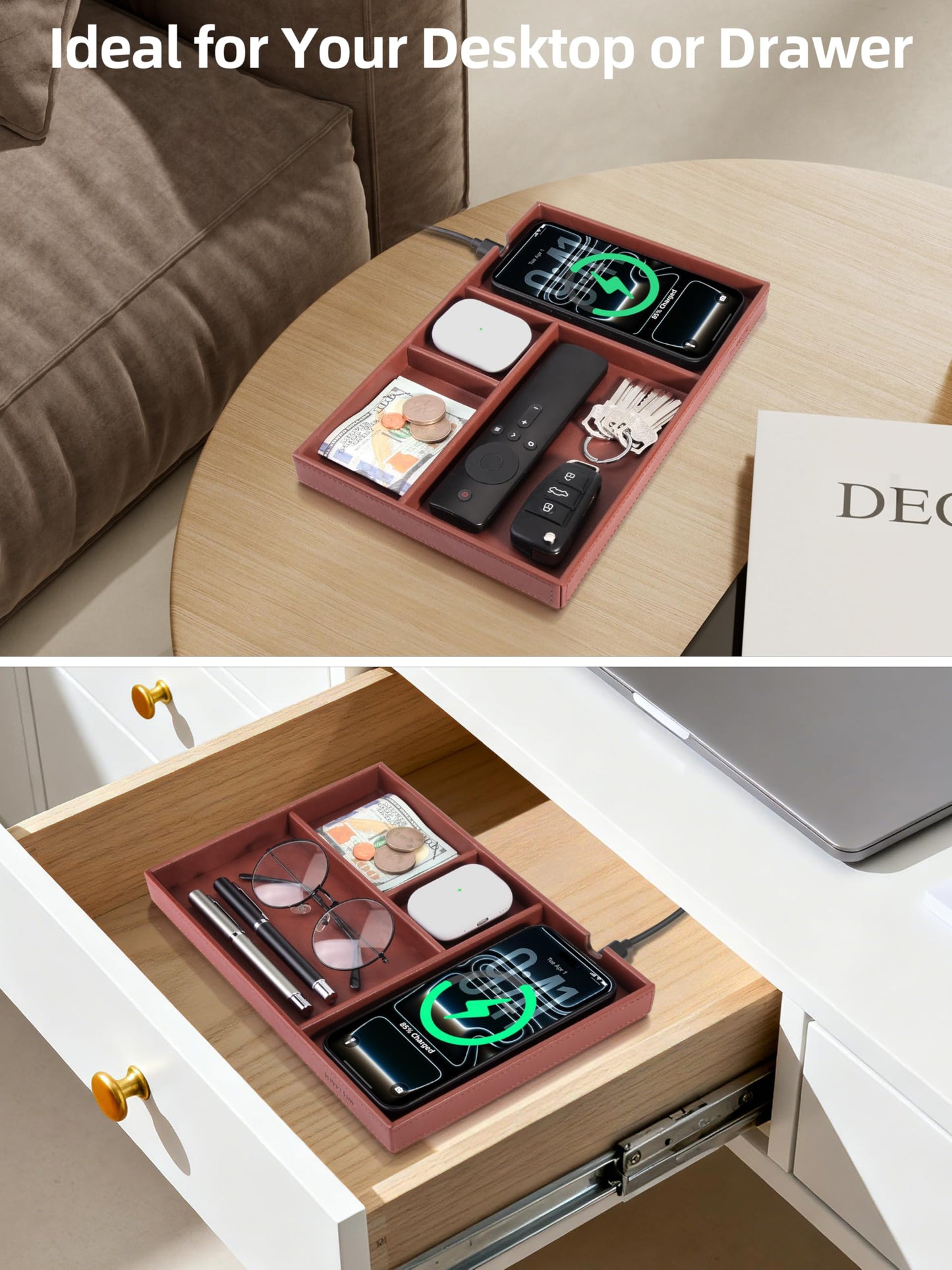 Investme Valet Tray, Built in Wireless Charger, Nightstand Organizer, Mens Jewelry Box, Dresser Organizer, Valet Charging Station, Faux Leather Valet Tray for Men and Women, Brown