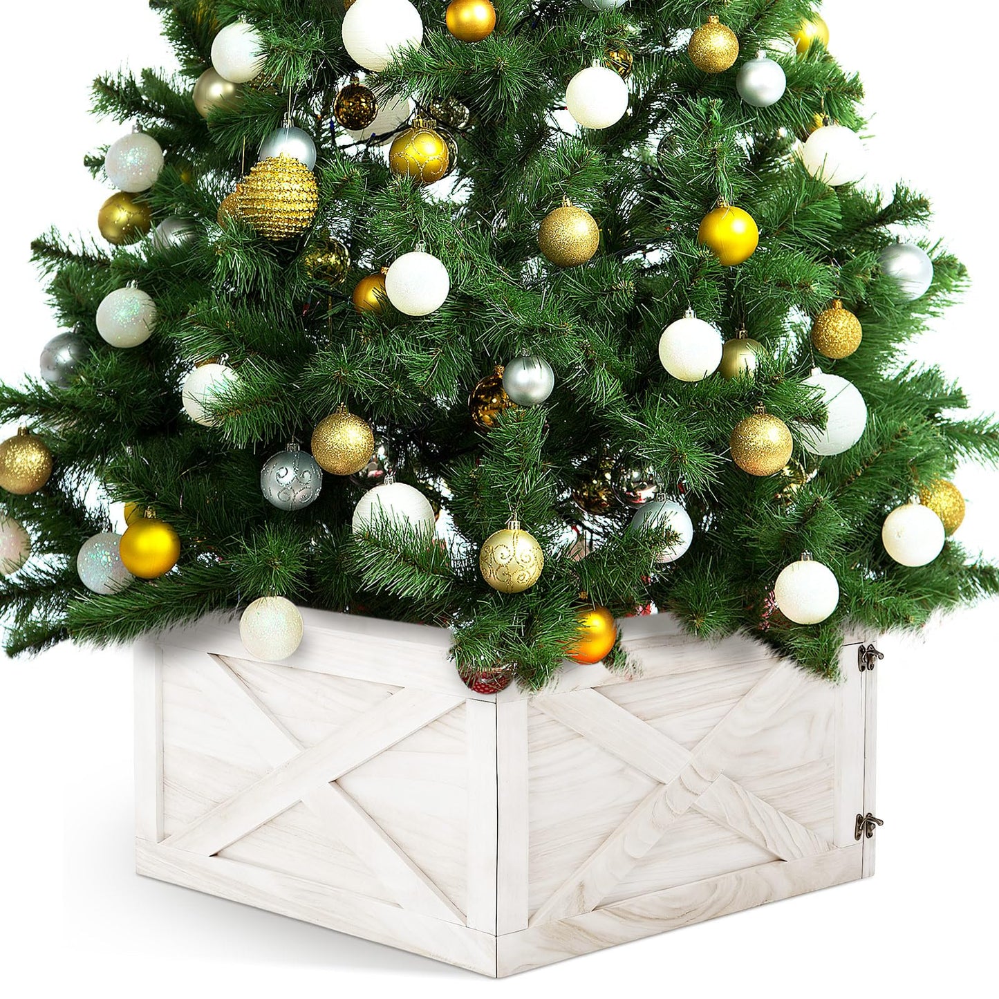 GlikCeil 22'' L Wooden Christmas Tree Collar Box Christmas Tree Skirt Stand Base Cover Rustic Farmhouse Bottom Cover Box for Xmas Party Holiday Decorations(White)