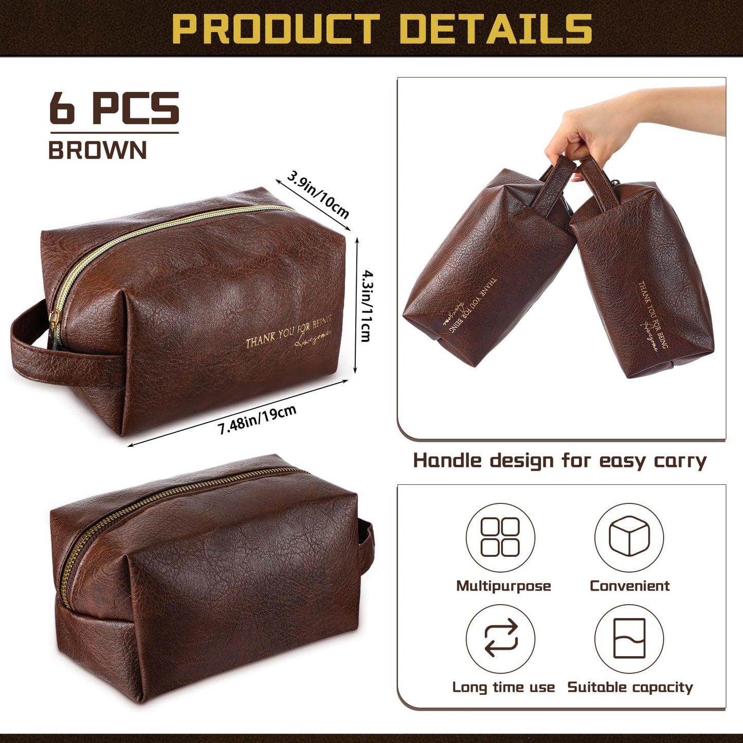 Clysee 6 Pcs Father's Day Leather Appreciation Toiletry Bags Gifts Travel Shaving Cosmetics Bags for Dad Men Gifts(Brown)