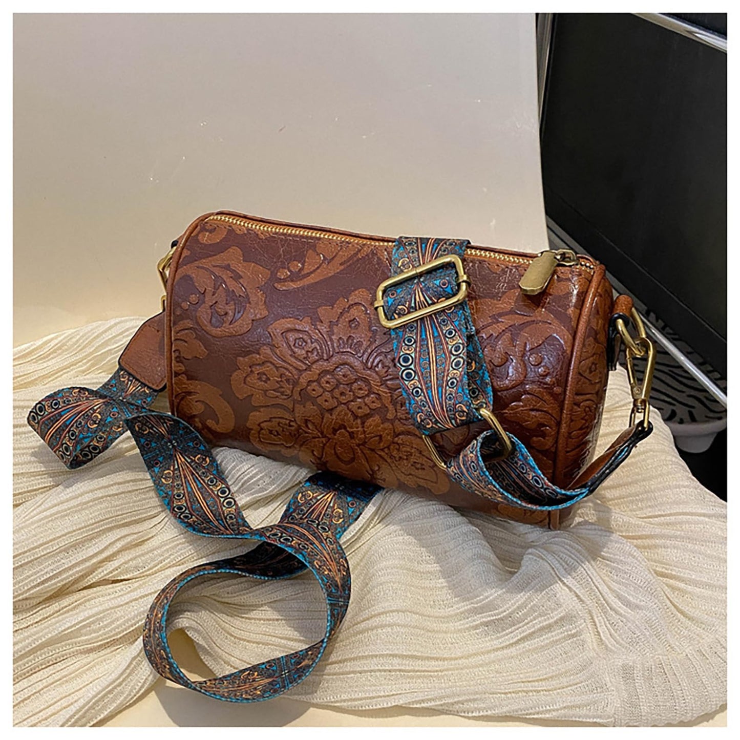 KJDFHNB Small Western Crossbody Bag for Women Trendy Wide Strap Shoulder Bags Design Floral Shoulder Cluth Purse Bag and Handbag (brown)