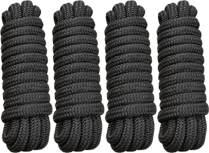 Boat Dock Lines 5/8" x 15' - Double Braided Nylon Boat Ropes for Docking with 15" Loop, Marine-Grade High Strength Boat Lines Dock Rope, Premium Marine Rope Mooring Lines, Easy Handling - 4 Pack,Black