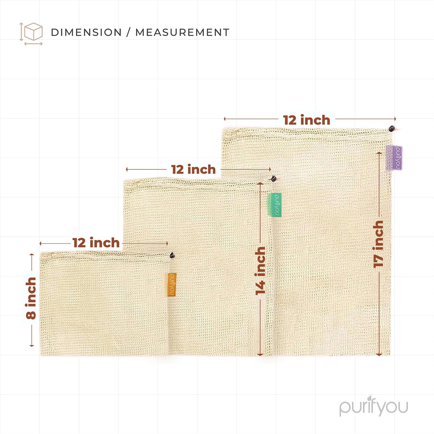 purifyou Set of 9 Reusable Produce Bags, Heavy Duty Washable Mesh Grocery Bag with Drawstring, Ideal for Farmers Market, Beach, and Refrigerator Storage (Extra Large, Large, Small)
