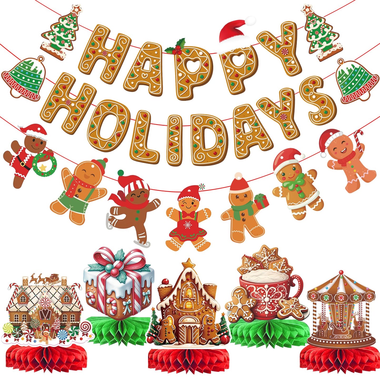 Happy Holidays Banner and Decorations - Gingerbread Christmas Banner and Decorations for Holidays