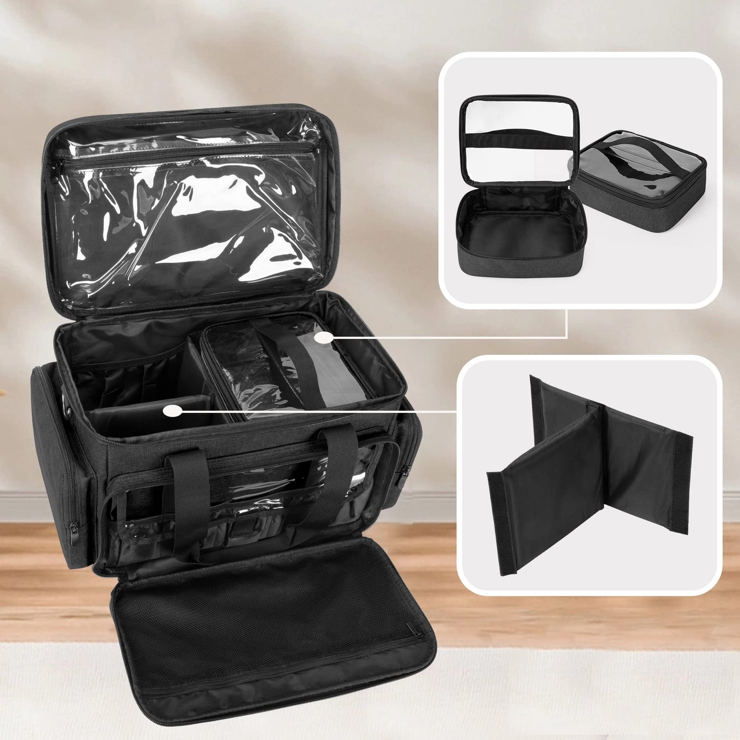 BAFASO Large Makeup Bag with 2 Removable Pouches and Detachable Dividers, Multifunctional Cosmetic Bag to Keep Makeup and Hair Supplies (Patent Pending), Black