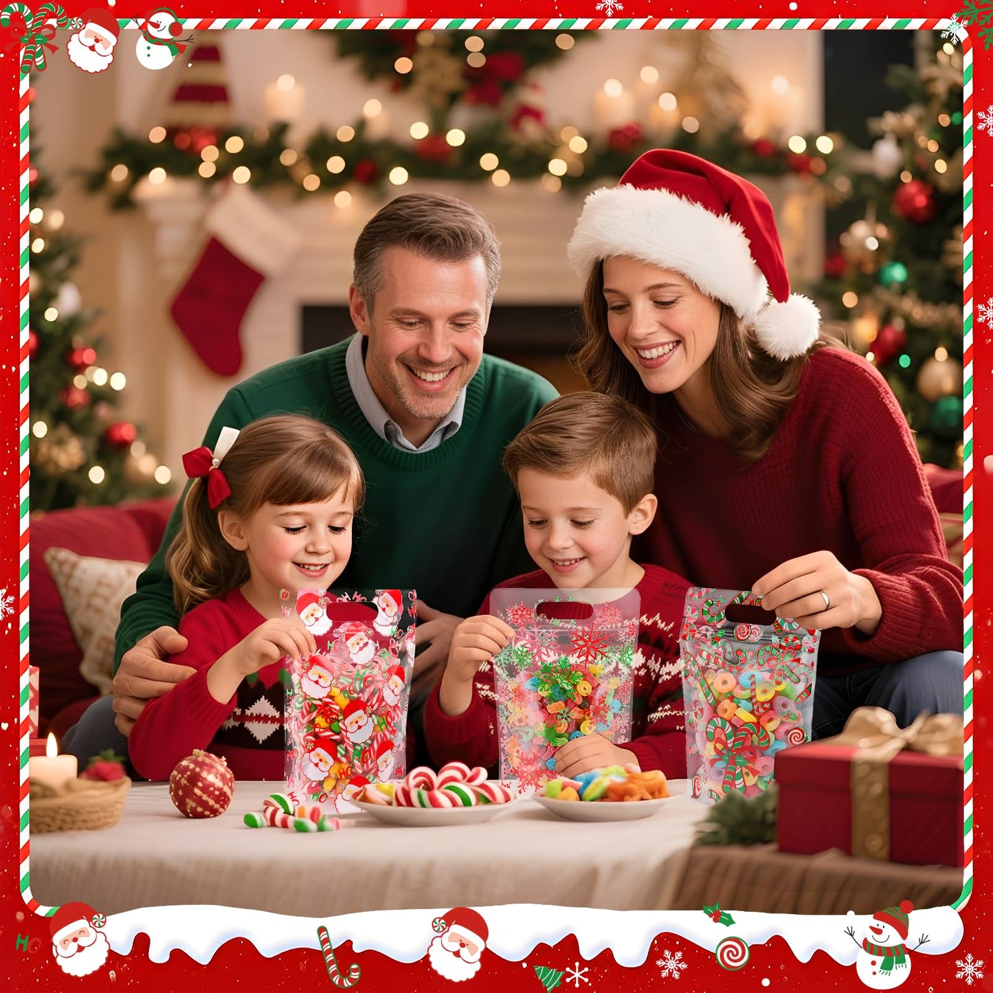Pasimy 60 Pcs Christmas Bags with Zipper Sealing Candy Bags Bulk Resealable Xmas Treat Bag Christmas Sealing Bag with Handle Plastic for Xmas Winter Holiday Party Candy Small Gift Wrapping Supply