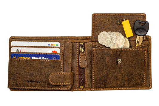 DiLoro Italy Full Size Mens Leather Wallet Bifold Flip ID Zip Coin Wallets with RFID Protection (Dark Hunter Brown With ID)
