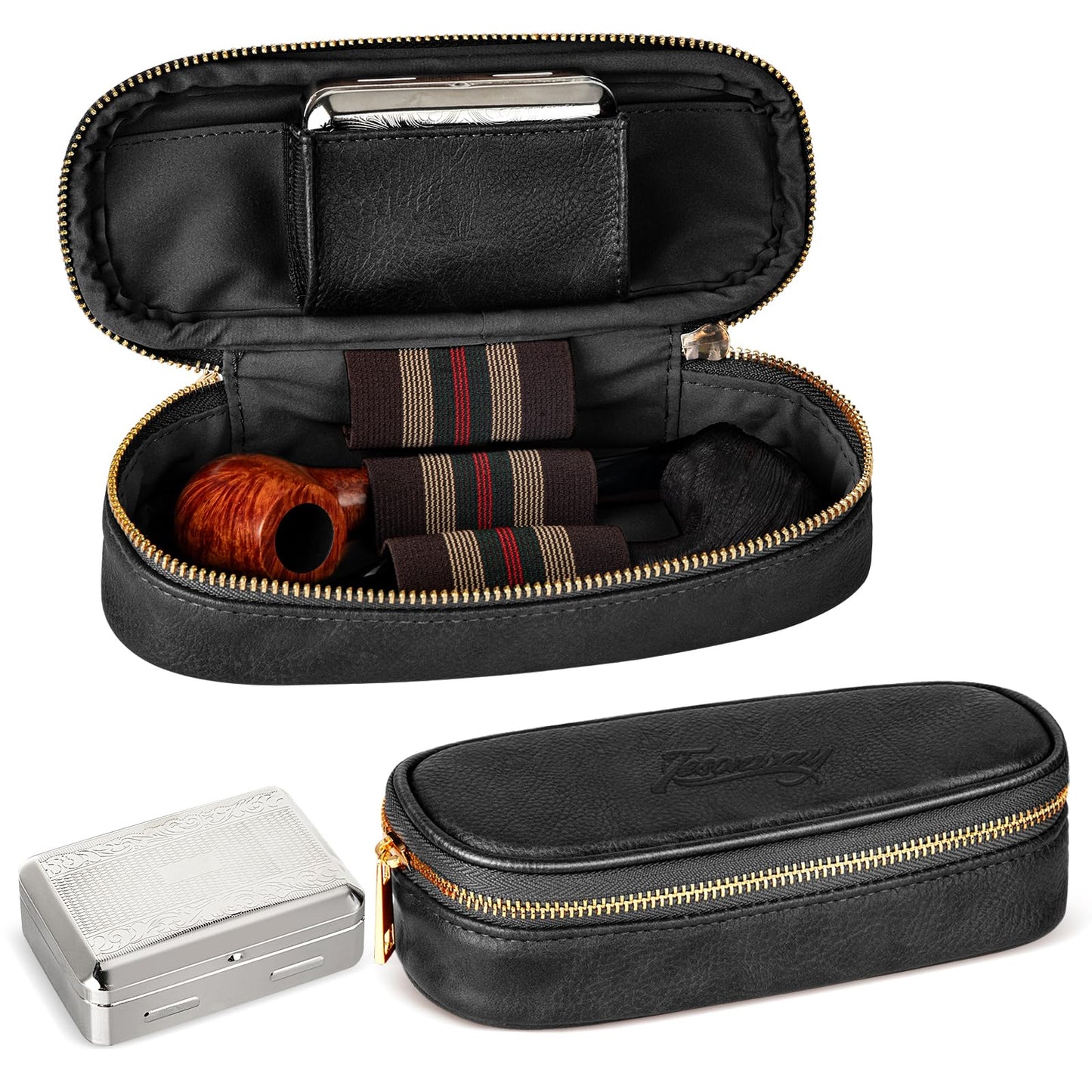 Tesonway Pipe Pouch, PU Leather Pipe Case/Pipe Bag for 2 Pipes and Pipe Cleaners, Screens, Tamper and Other Smoking Pipe Accessories, Pipe and Accessories Not Included (Black)
