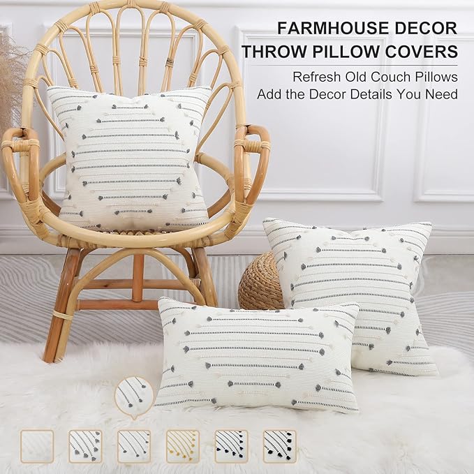 Mecatny Boho Outdoor Throw Pillow Covers 20X20 Set of 2, Farmhouse Decorative Pillow Covers for Couch Sofa Living Room, Beige & Grey