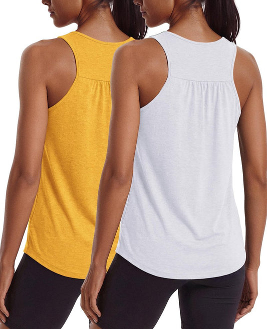 PINSPARK Workout Tops for Women Racerback Athletic Tank Top Sleeveless Pilates Outfits Crewneck Lightweight Running Hiking Summer Shirts,White/Yellow XL