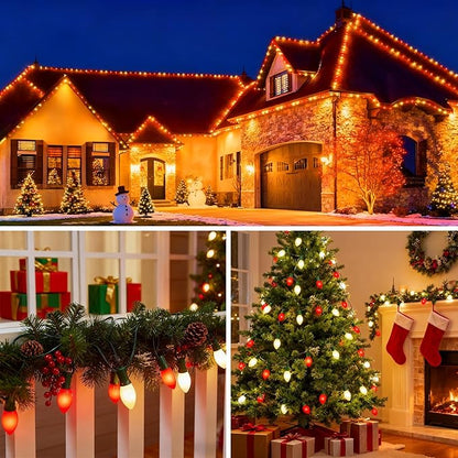 C9 Christmas Lights Outdoor, 100FT 100LED string Lights Waterproof Shatterproof, Extendable C9 Xmas Lights, Indoor Outdoor Christmas String Light for House Roof Patio Garden Party(Red & Warm White)