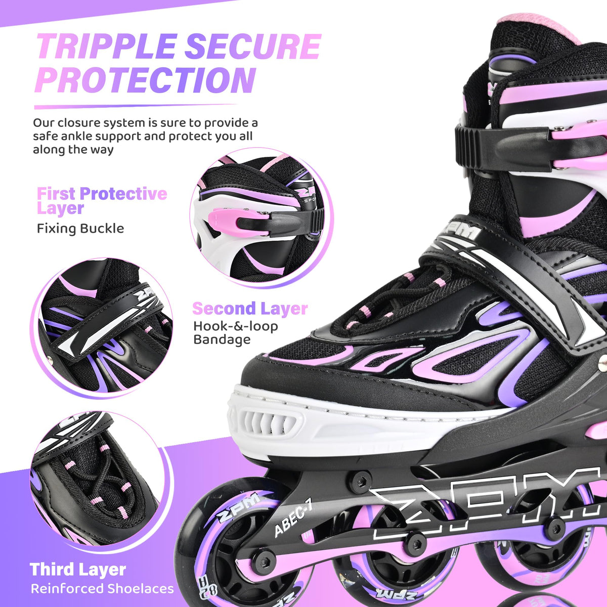 2PM SPORTS Vinal Inline Skates for Girls Boys Kids Ages 5-8 8-12 with Adjustable Illuminating Wheels, Inline Roller Skates for Youth Women Men - Purple Pink Extra Large