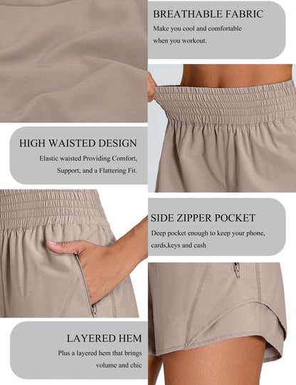 BMJL Women's Athletic Shorts High Waisted 2.5" Running Short with Zipper Pocket Sporty Yoga Gym Workout Shorts(M,Khaki)