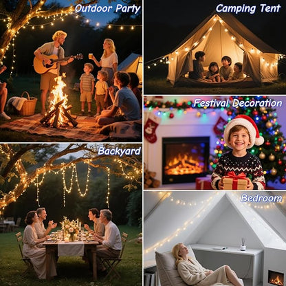 Camping String Lights Solar USB Rechargeable, Retractable String Lights Camping 4 in 1 Led Roll Up Waterproof Outdoor Hanging Fairy Lights 33FT with 8 Modes for Tent Garden Party Festival