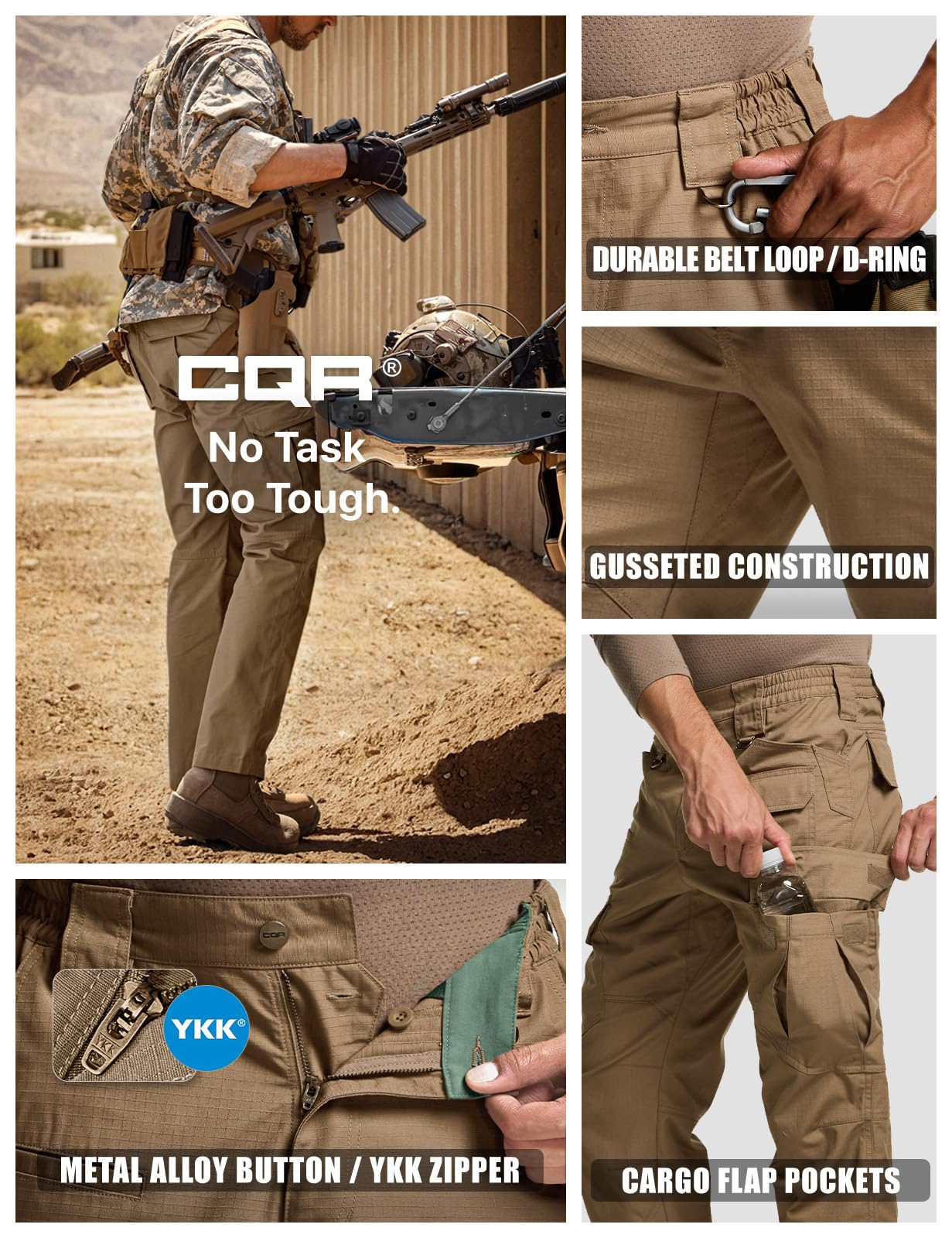 CQR Men's Tactical Pants, Water Resistant Ripstop Cargo Pants, Lightweight EDC Work Hiking Pants, Outdoor Apparel, Raider Mag Cougar, 32W x 30L