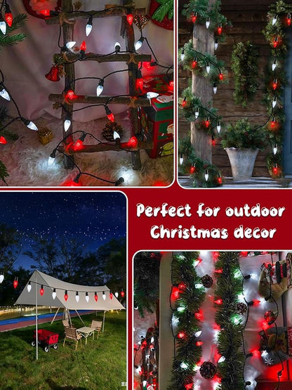 C6 Solar Christmas Lights Outdoor, 100 LED 33FT Christmas Decorations Outdoor Waterproof, Solar String Lights for Outside with 8 Modes, Fairy Twinkle Light for Tree Garden Yard Decor (Red and White)