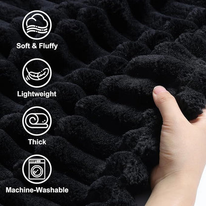 decorUhome Soft Fleece Black Throw Blanket for Couch, Cozy Fluffy Plush Flannel Striped Blanket for Sofa Bed, Lightweight Decorative Ribbed Fuzzy Blanket for Woman, 50x60 Inches
