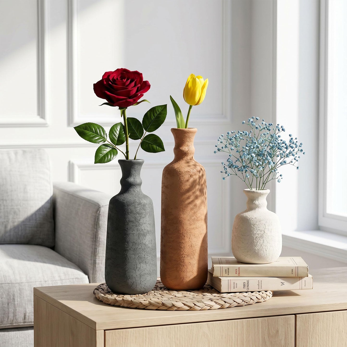 Ceramic Vase Set, 3Pcs Flower Vases for Modern Boho Farmhouse Decor, Decorative Vases for Pampas Grass & Dried Flowers, Distressed Finish