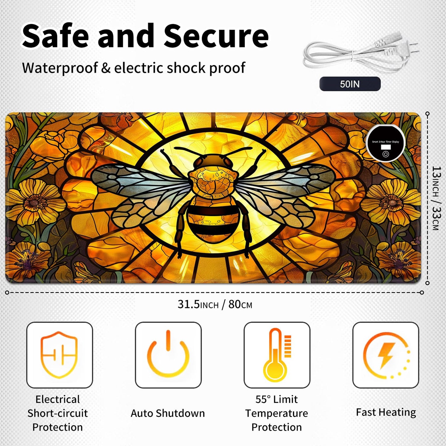 BREIDMKFM Warm Desk Pad,Heated Desk Pad Mouse Mat Gaming,with 3 Heating Levels & 3 Hours Auto Shut-Off,Leather 31.5" x 13" Foot Warmer Keyboard Office Mat,Cute Bee Floral