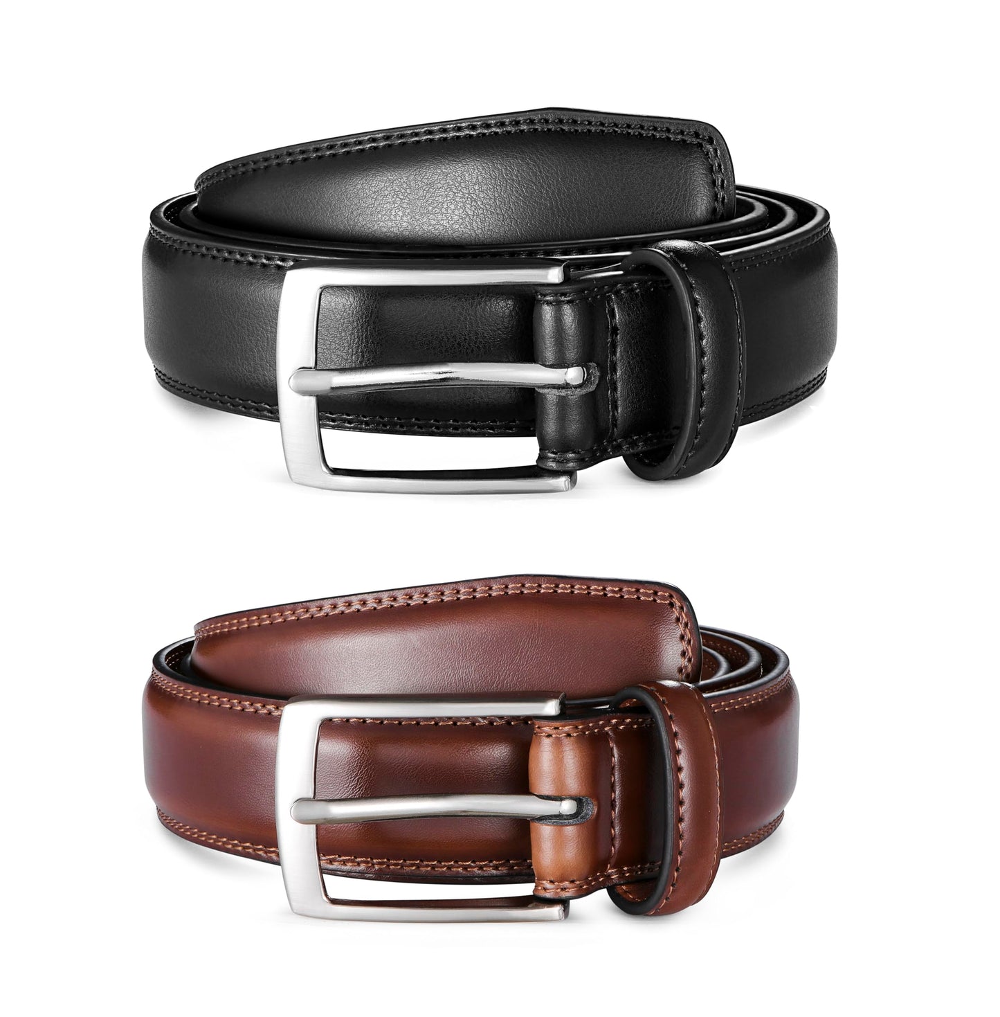 MILORDE Men's Leather Dress Belt 2Pack, Handmade, 100% Cow Leather, Fashion & Classic Designs for Work Business and Casual (2pack-Black101/Brown103,44)