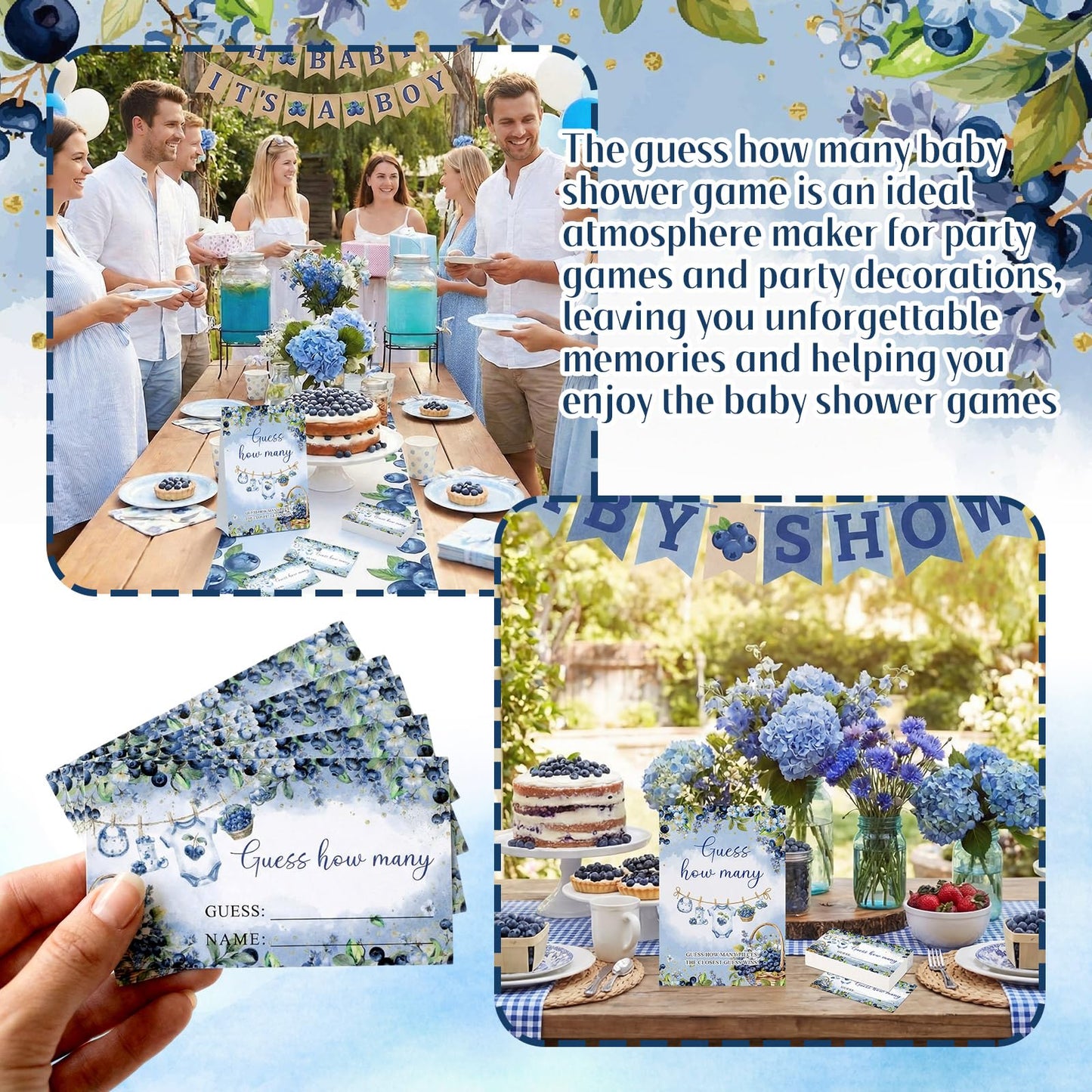 Lerheedi Blueberry Guess How Many Baby Shower Game Pack of 1 Tabletop Sign with Stand and 50 How Many Cards, a Berry Sweet Baby Is on the Way Gender Reveal Party Game Decoration