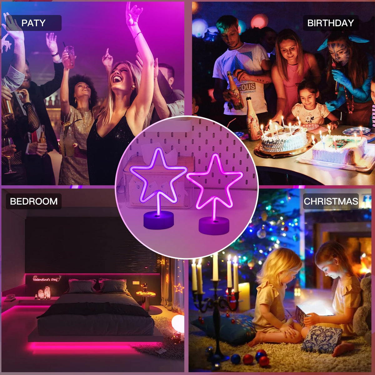 TT·SSTIE Star Neon Sign LED Star Lights for Wall Decor Battery Powered or USB Neon Star Light with Base Neon Sign for Bedroom Party Bar Gift Birthday Decoration Pink & Purple-2PCS