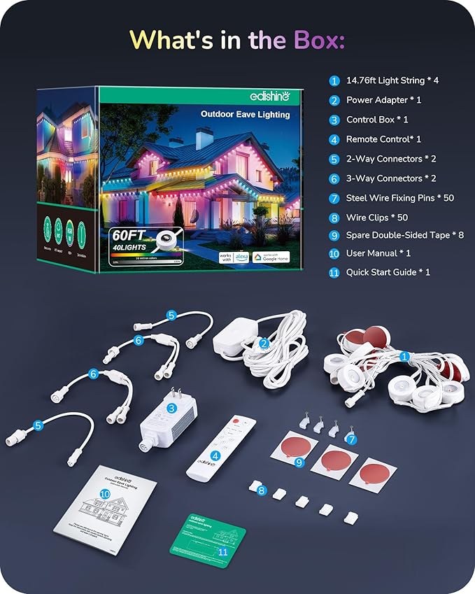 EDISHINE 60ft Permanent Outdoor Christmas Lights for House, 40 LED Eave Light with App/Remote, IP67 Smart RGB+IC+Warm/Cool White Holiday Light with 50 Scene Modes, Work with Alexa Google Assistant