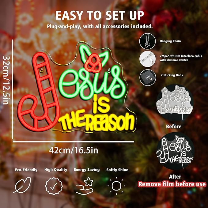 Jesus is the Reason Christmas Neon Sign Festive Holiday Xmas LED Light – Adjustable Brightness for Christmas Decor, Home, Gifts and Party Ambiance