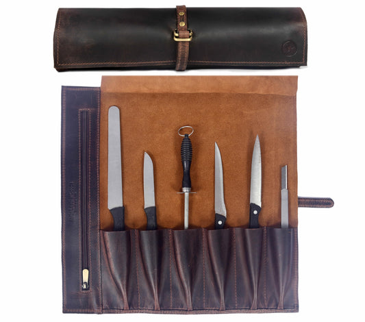 Leather Knife Roll Wrap with 7 Slots, Professional Chef Knife Case with Buckle Closure, Brown (Leather, Walnut)