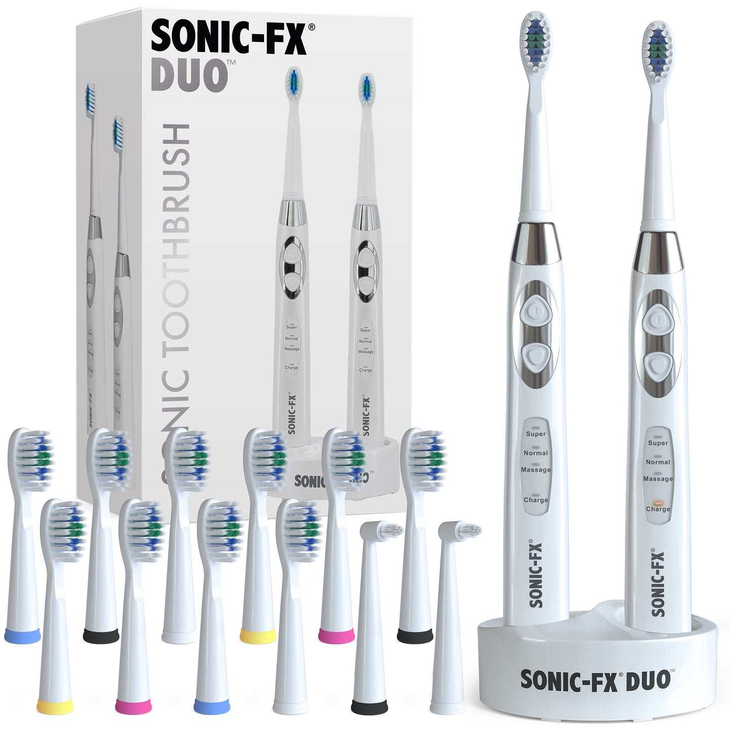 Sonic-FX Duo Rechargeable Electric Toothbrush Set - with 14 Brush Heads, 3 Modes, Smart Auto-Timer, Charging Dock Holder - Dual Handle Electric Tooth Brush for Adults & Kids, Black and White