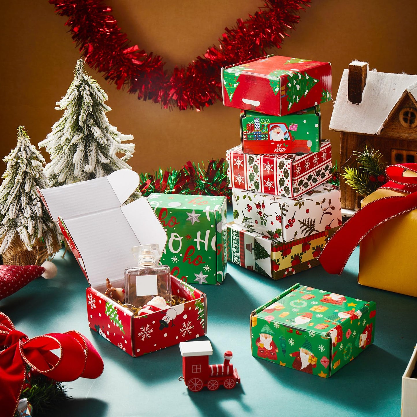 Tenceur 48 Pack Small Christmas Gift Boxes with Lids 4 x 4 x 2 Inch Christmas Clothes Boxes Corrugated Cardboard Wraping for Packaging Xmas Gift