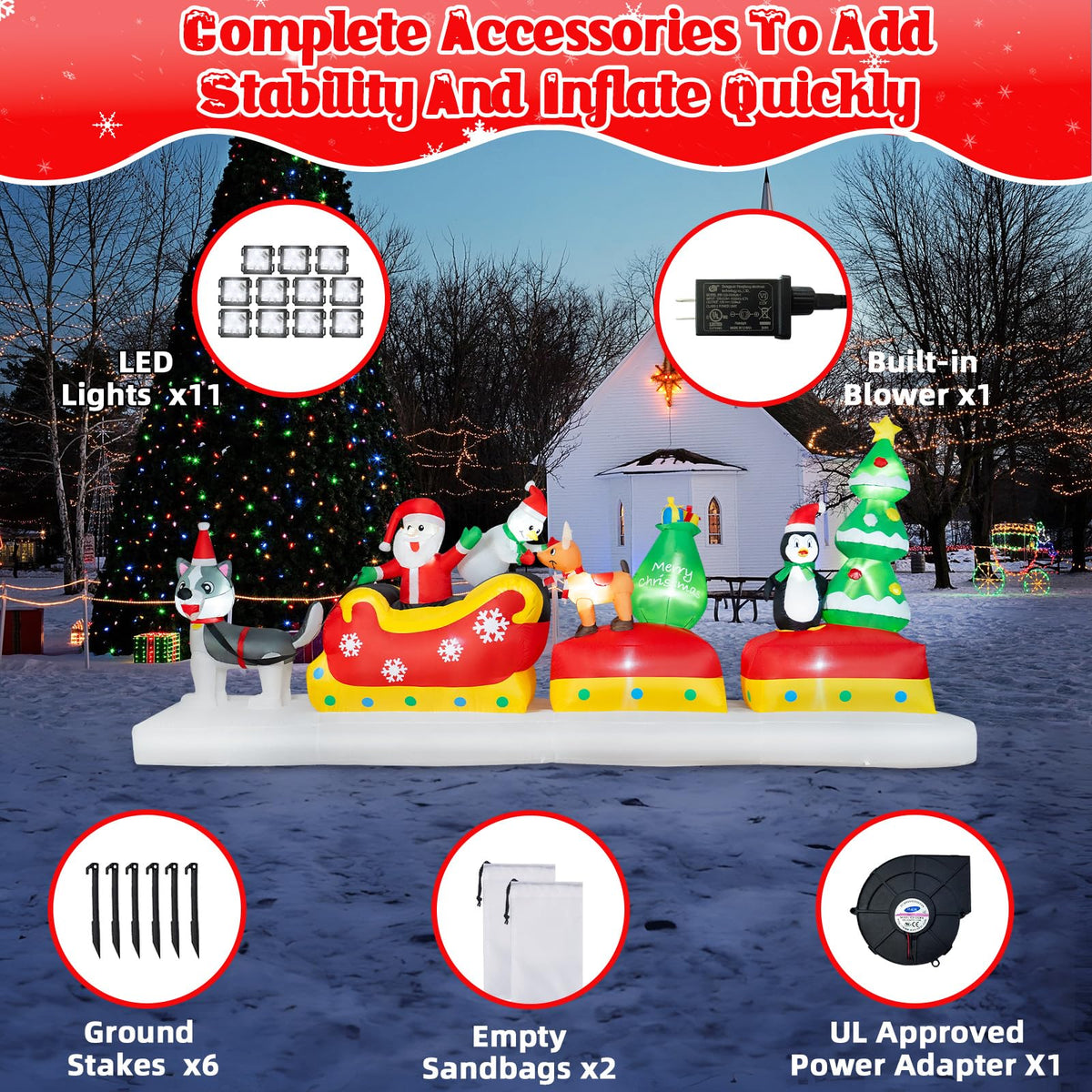 B&D 12FT Long Christmas Inflatables Outdoor Decorations, Inflatable Santa Claus on Dog Sled with Snowman, Penguin, Reindeer Blow up Christmas Decorations Built-in LEDs for Xmas Garden Yard Lawn Roof