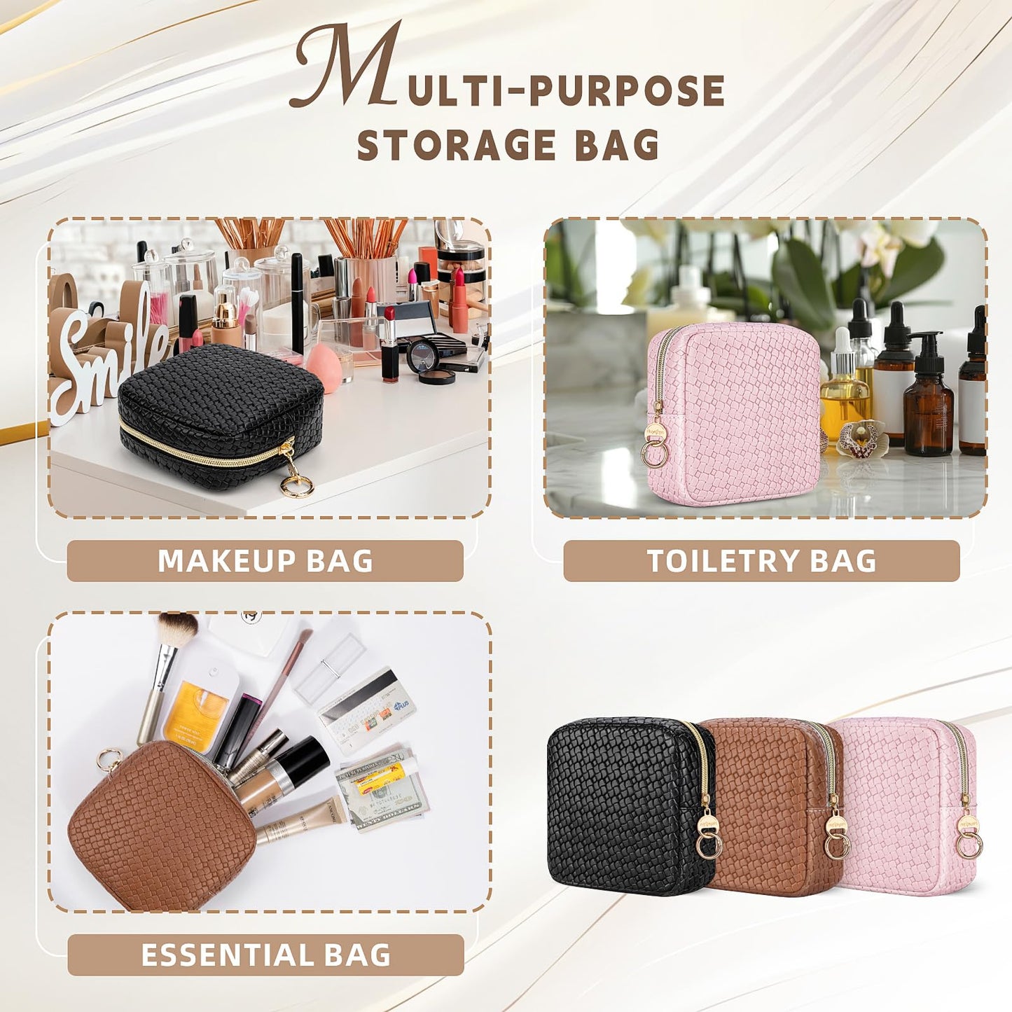 Playexen 5.5" Small Makeup Bag for Purse, PU Leather Mini Cosmetics Bag with Ring Buckle, Portable Small Travel Makeup Pouch for Women, Birthday/Wedding/Christmas Gifts (Brown)
