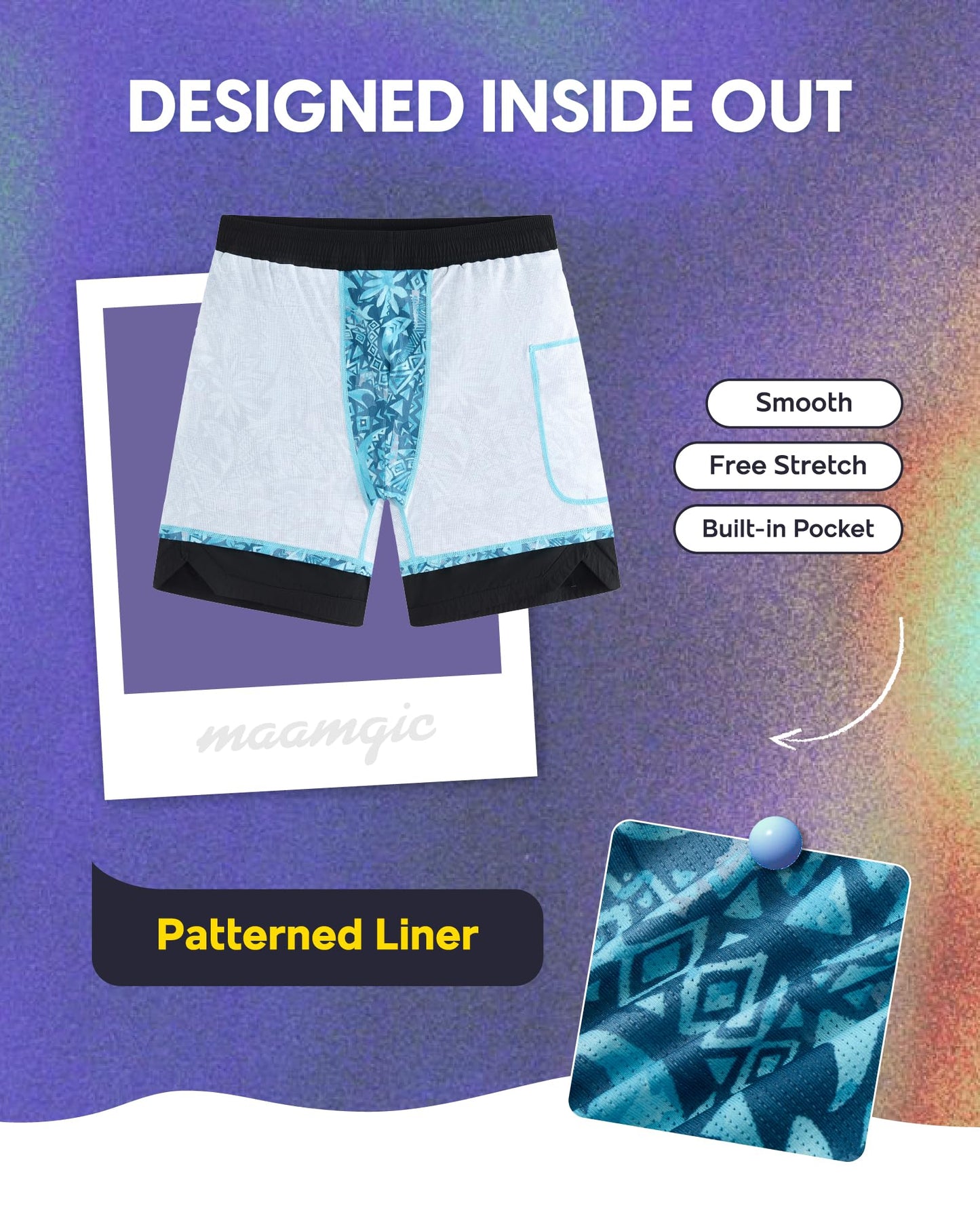 maamgic Mens 7" Packable Swim Trunks Zipper Pocket Swimsuit Metallic Sheen