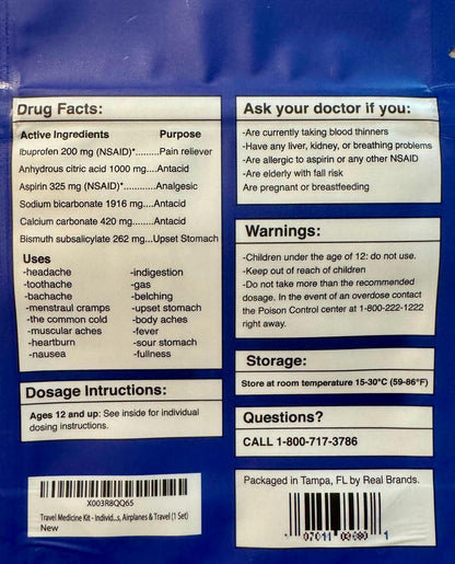 Travel Medicine Kit - 16 Pcs Individually Wrapped Packets of Ibuprofen, Bismol, Sodium Bicarbonate & Antacids - TSA-Approved Medicine Variety Pack by Real Vitamins (1 Kit)