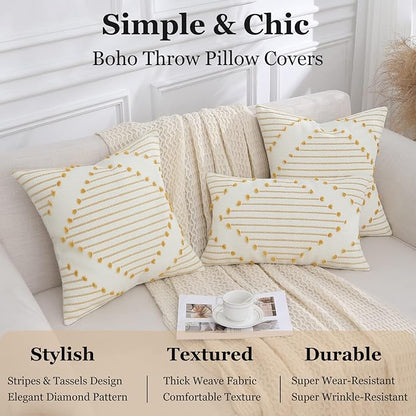 Mecatny Boho Outdoor Throw Pillow Covers 18X18 Set of 2, Farmhouse Decorative Pillow Covers for Couch Sofa Living Room, Yellow & White