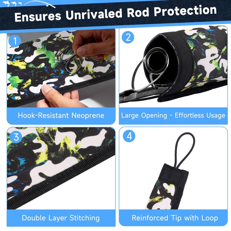 MONYES Neoprene Fishing Rod Sleeves for Casting, Spinning, Trolling Pole - Protective Cover Rod Sock with Hanging Loop & Lanyard- Floating, Puncture Resistant, Lightproof (58in, 4P)