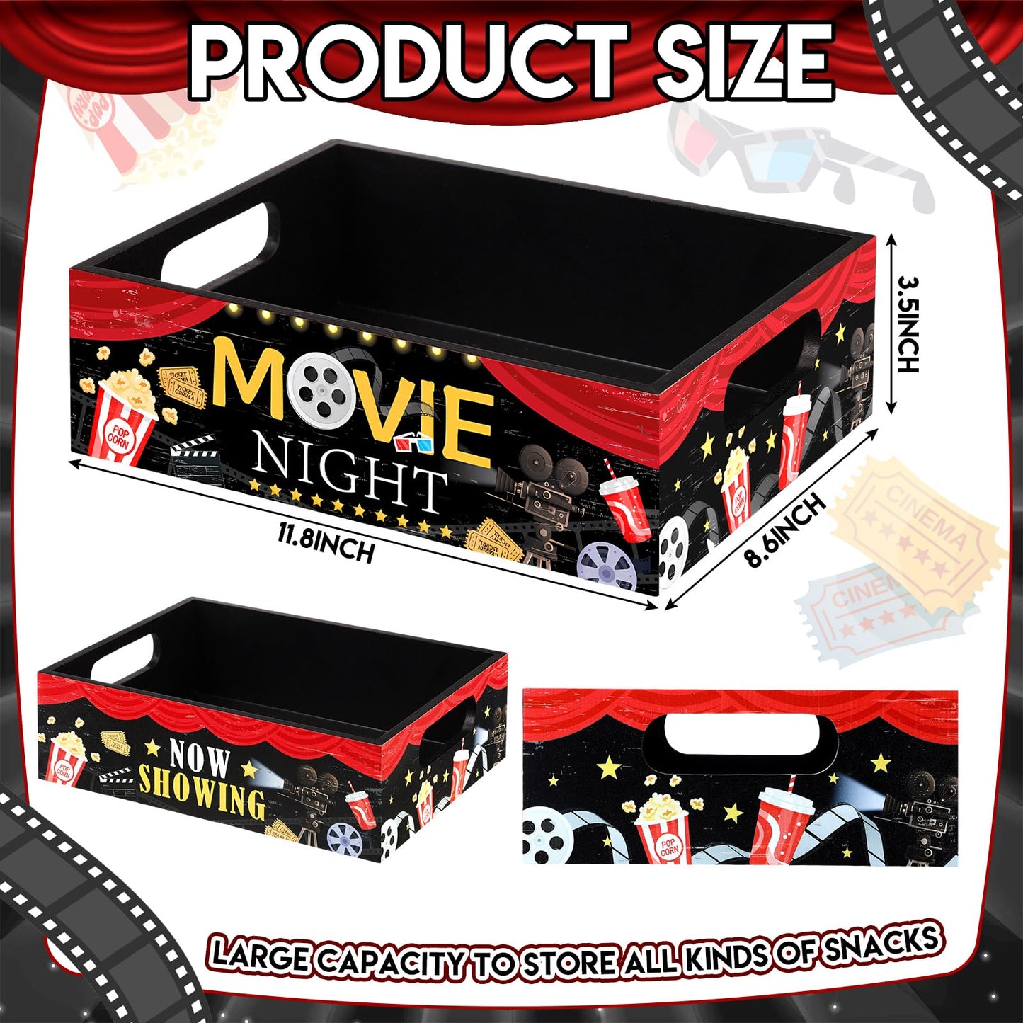 Movie Night Supplies Snack Trays with Handles Reusable Wooden Movie Gift Basket for Theater Popcorn Bucket Bowl Box Container Family Room Decor(Classic Style)