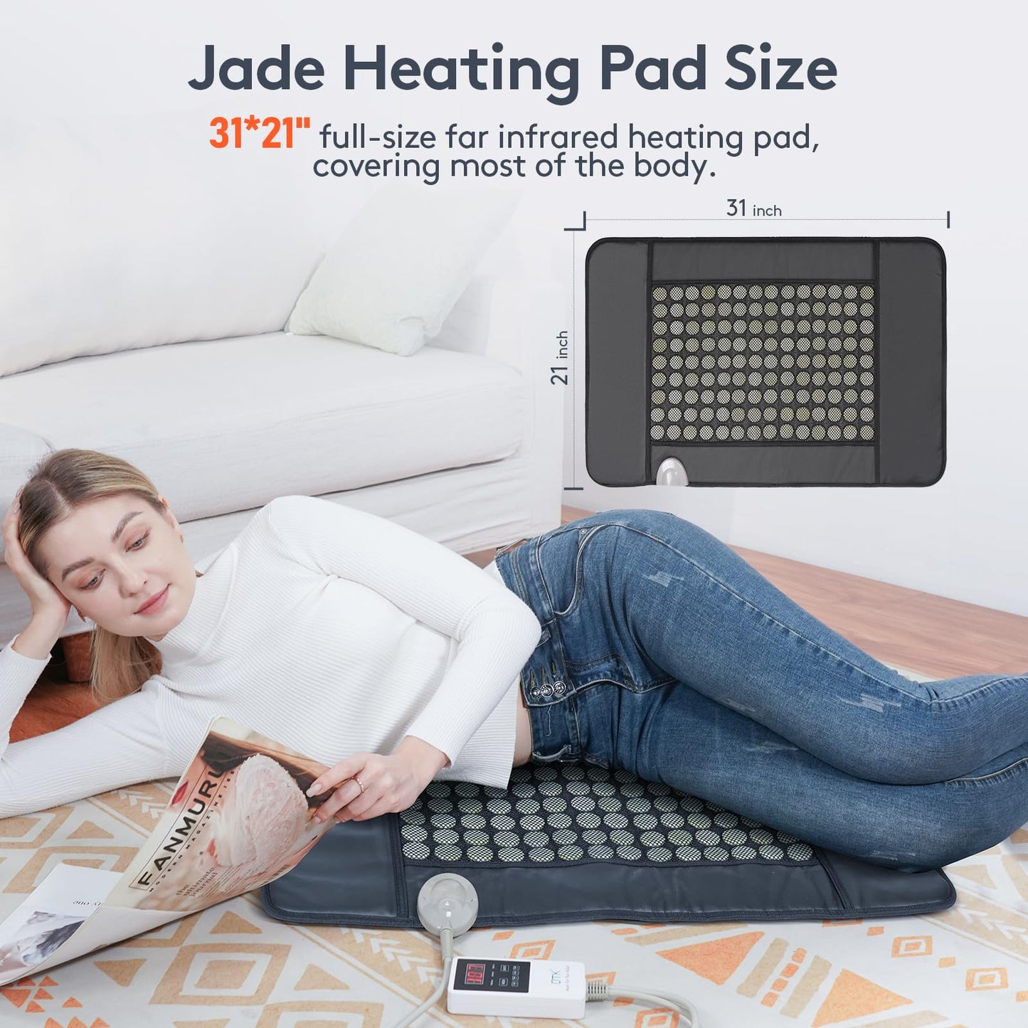 UTK Upgrade Far Infrared Heating Pad for Back, 5X Deeper Pain Relief Pure Jade Heating Pad with 153 Natural Jades, Hotter to 159℉, Weighted Electric Mat with Larger Heat Area, 4H Auto-Off, 31"x 21"