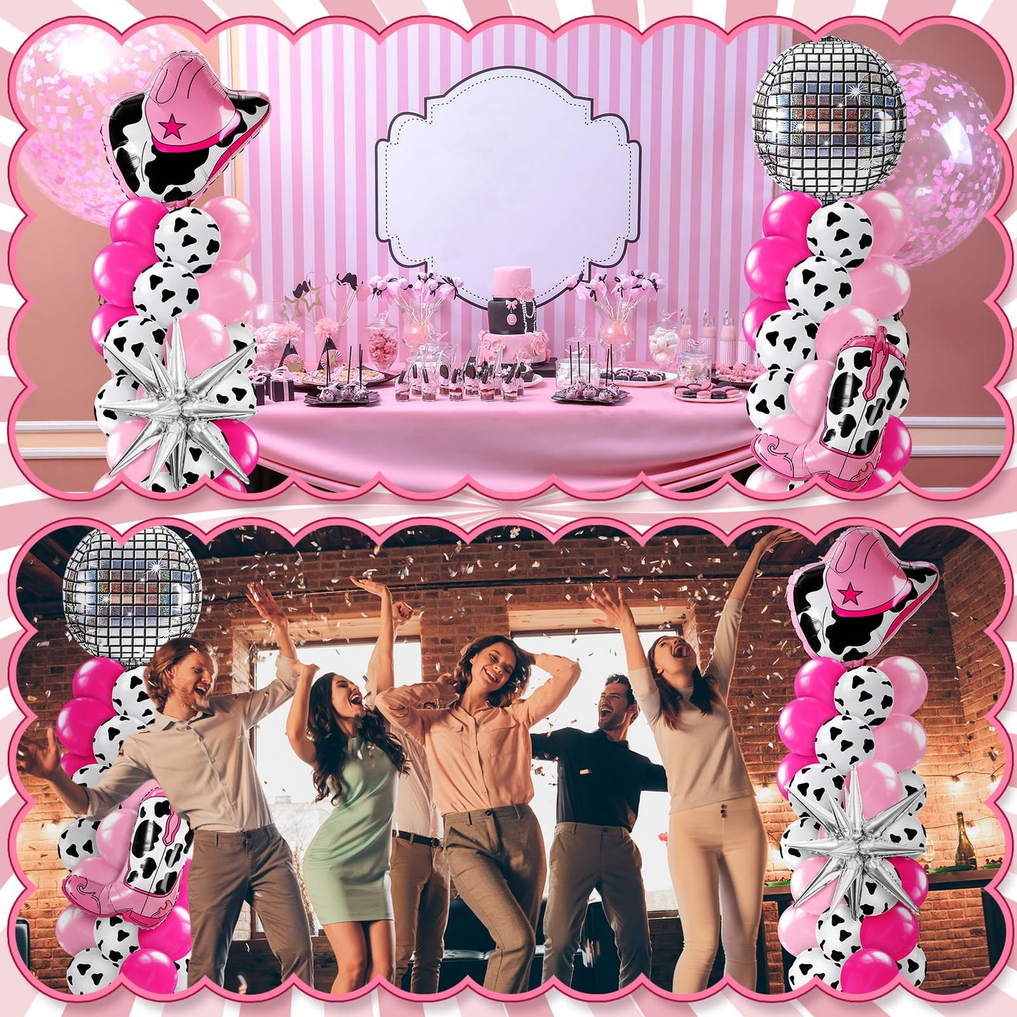 Kasyat 2 Sets Disco Cowgirl Balloon Column Stand Kit with 4d Cowgirl Hat Boots Disco Ball Exploding Stars Balloons Hot Pink Silver Arch Kit for Floor for Western Birthday Party Decorations