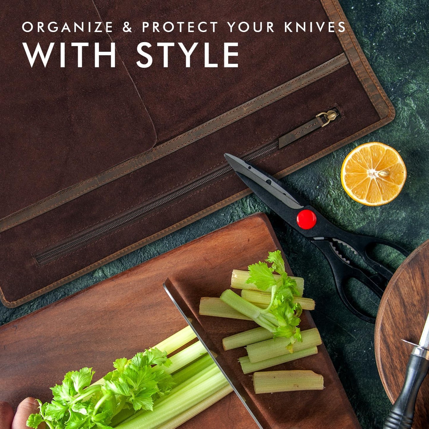 ELIZO Leather Knife Roll Chef Knife Bag Professional Chef Knifes Roll Bag Travel Storage Carrying Case Wrap Holder Sheath Kitchen Carrier Protectors Sleeve Tool Chefs Gift Grizzly