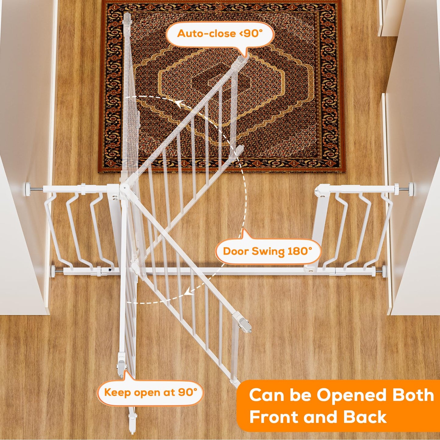 MUTAK 29-43" Baby Gate for Stairs, Baby Safety Essentials, Auto Close Gate for Doorways, Easy Install Pressure Mounted Dog Gate Indoor, Pet Gates for Dogs, White