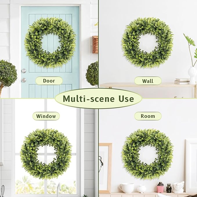 24 Inch Large Boxwoods Green Spring Artificial Wreath for Front Door, Year Round Spring Summer Winter Wreaths for Wall Window Porch Home Farmhouse Wedding Outdoor Outside Indoor Decorations