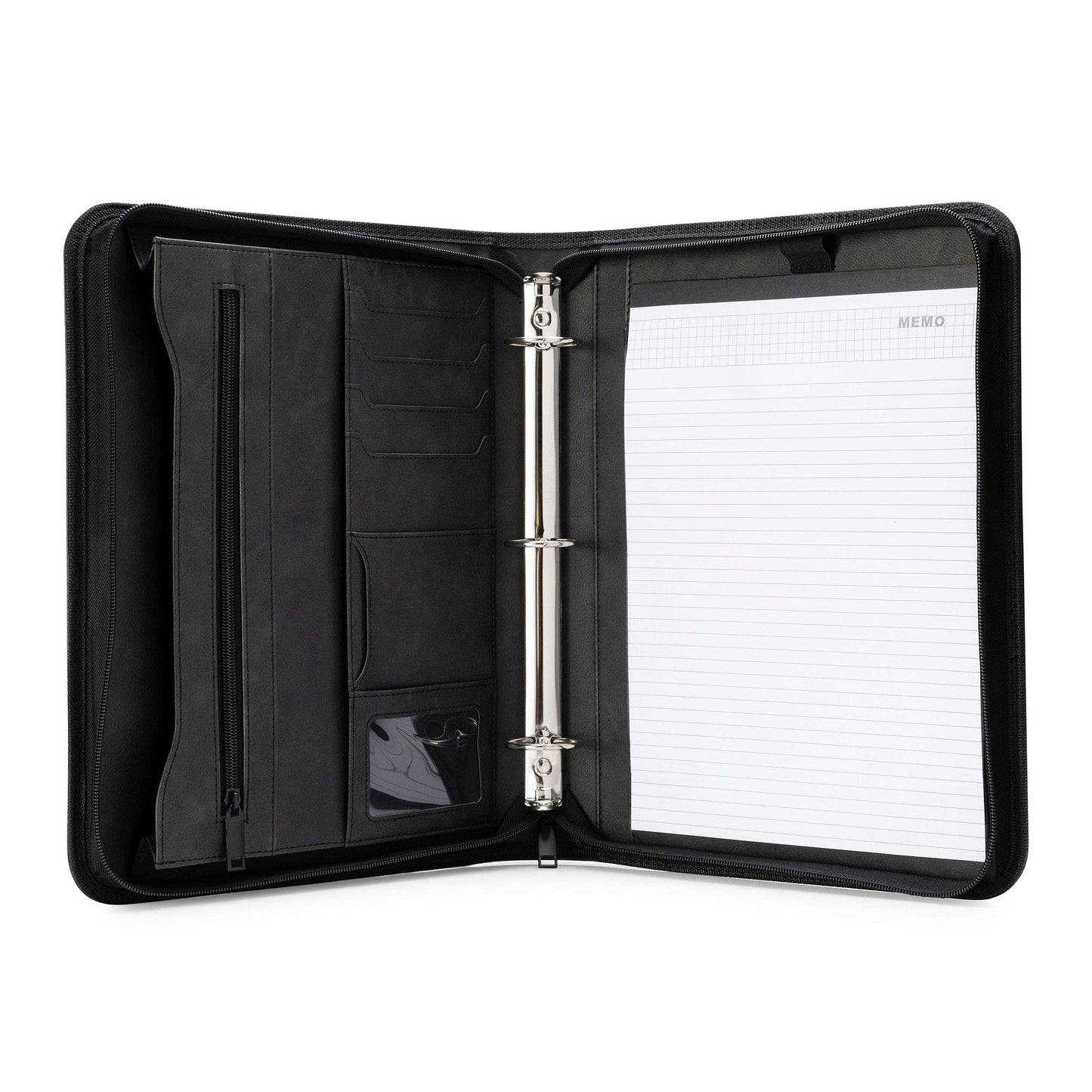 Forevermore Portfolios Portfolio Organizer - 3 Ring Binder with Notepad - 1.5 Inch Rings - Zippered Storage Pockets for Papers, Travel Documents, Presentation Folder, Cards, Passport, Tickets - Black