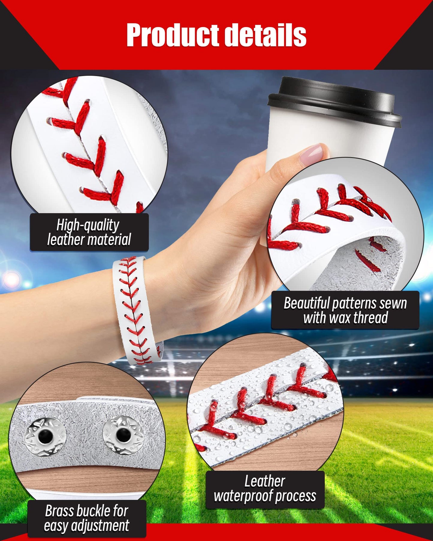 Retrowavy Genuine Leather Baseball Bracelet Baseball Party Favors Gifts Sport Wristbands Team Theme Birthday Gift for Teens(20 Pcs)