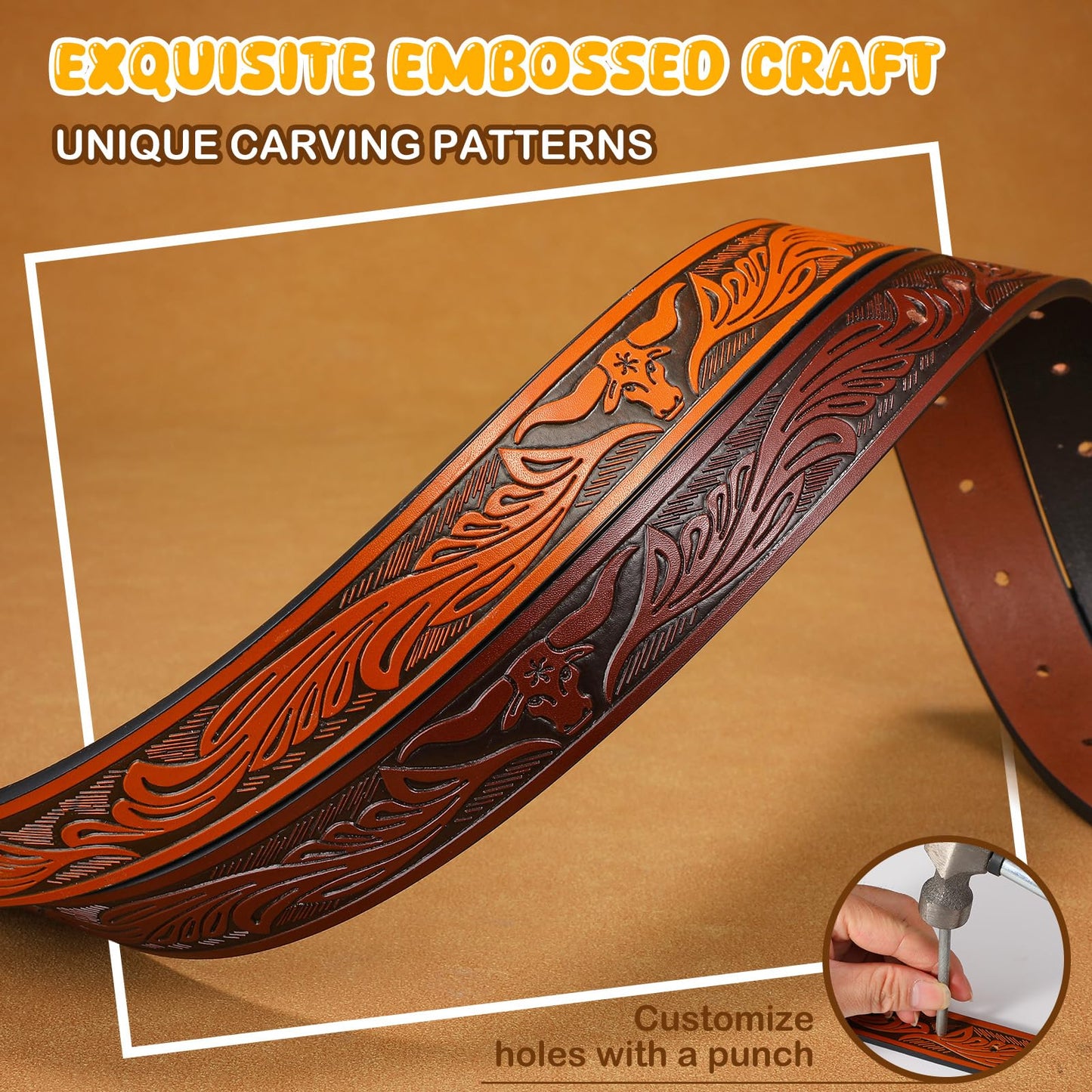 SANSTHS Kids Western Belt without Buckle Genuine Leather Boys Girls Belt Strap Cowgirl Cowboy Belts for Jeans Western Gifts, Embossed Bull/Brown Coffee